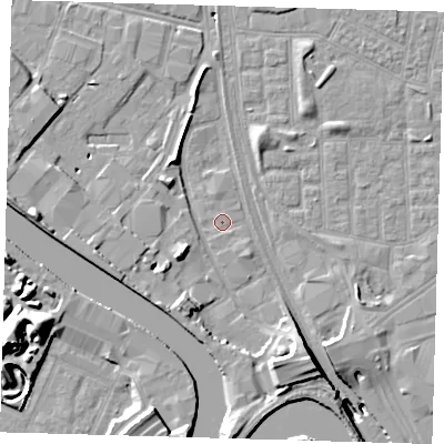 Shaded relief map of the ground around E164SH, computed from Environment Agency LiDAR. The ground here sits at about 1 m above sea level and falls 19 m across the surrounding 800 m. Surface water reaching this point runs off ground lying to the south-south-west, 5.3 m higher.
