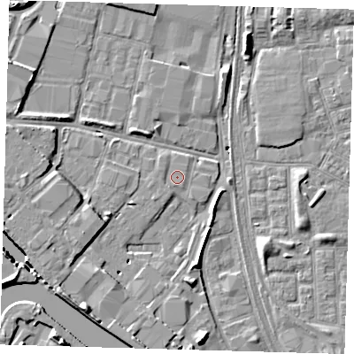 Shaded relief map of the ground around E164SP, computed from Environment Agency LiDAR. The ground here sits at about 2 m above sea level and falls 10 m across the surrounding 800 m. Surface water reaching this point runs off ground lying to the west, 0.7 m higher.