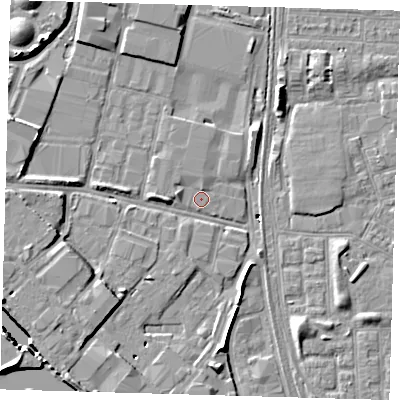 Shaded relief map of the ground around E164SR, computed from Environment Agency LiDAR. The ground here sits at about 2 m above sea level and falls 9 m across the surrounding 800 m. Surface water reaching this point runs off ground lying to the south-west, 7.4 m higher.