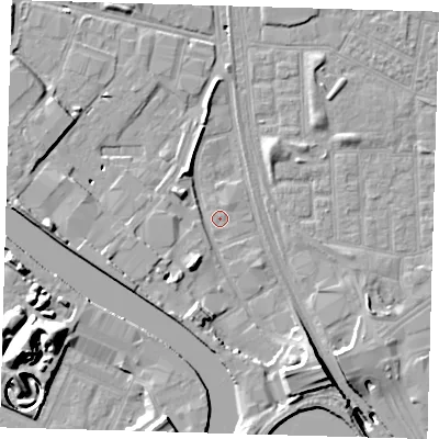 Shaded relief map of the ground around E164ST, computed from Environment Agency LiDAR. The ground here sits at about 1 m above sea level and falls 19 m across the surrounding 800 m. Surface water reaching this point runs off ground lying to the south-south-west, 5.8 m higher.