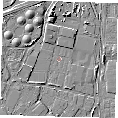 Shaded relief map of the ground around E164TG, computed from Environment Agency LiDAR. The ground here sits at about 2 m above sea level and falls 10 m across the surrounding 800 m. Surface water reaching this point runs off ground lying to the west-south-west, 3.9 m higher.