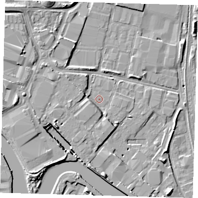 Shaded relief map of the ground around E164TL, computed from Environment Agency LiDAR. The ground here sits at about 3 m above sea level and falls 10 m across the surrounding 800 m. Surface water reaching this point runs off ground lying to the west, 4.1 m higher.