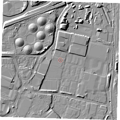 Shaded relief map of the ground around E164TQ, computed from Environment Agency LiDAR. The ground here sits at about 3 m above sea level and falls 11 m across the surrounding 800 m. Surface water reaching this point runs off ground lying to the west, 1.1 m higher.