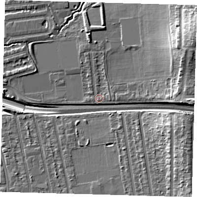 Shaded relief map of the ground around E174HR, computed from Environment Agency LiDAR. The ground here sits at about 16 m above sea level and falls 24 m across the surrounding 800 m. Surface water reaching this point runs off ground lying to the east-north-east, 13.2 m higher.