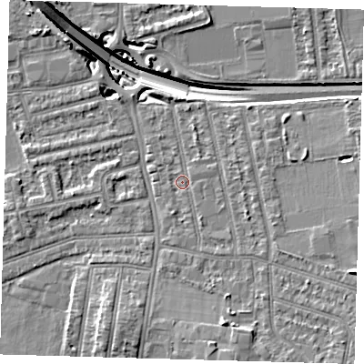 Shaded relief map of the ground around E174LP, computed from Environment Agency LiDAR. The ground here sits at about 15 m above sea level and falls 15 m across the surrounding 800 m. Surface water reaching this point runs off ground lying to the south-south-east, 1.2 m higher.