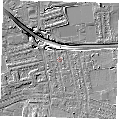 Shaded relief map of the ground around E174LR, computed from Environment Agency LiDAR. The ground here sits at about 14 m above sea level and falls 15 m across the surrounding 800 m. Surface water reaching this point runs off ground lying to the south-south-east, 1.7 m higher.