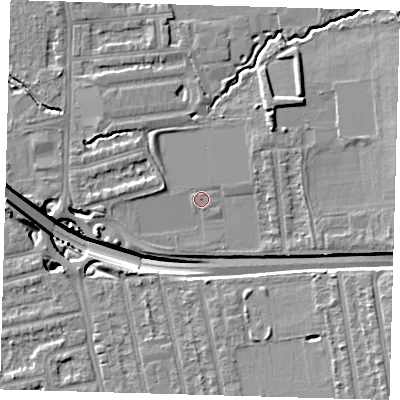 Shaded relief map of the ground around E174LU, computed from Environment Agency LiDAR. The ground here sits at about 15 m above sea level and falls 15 m across the surrounding 800 m. The ground contributing surface water to this point lies to the south-south-east.