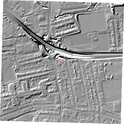 Shaded relief map of the ground around E174LX, computed from Environment Agency LiDAR. The ground here sits at about 14 m above sea level and falls 15 m across the surrounding 800 m. Surface water reaching this point runs off ground lying to the south-east, 3.9 m higher.