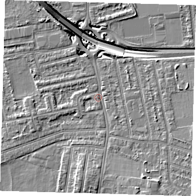 Shaded relief map of the ground around E175AF, computed from Environment Agency LiDAR. The ground here sits at about 14 m above sea level and falls 14 m across the surrounding 800 m. Surface water reaching this point runs off ground lying to the south-south-east, 4.3 m higher.