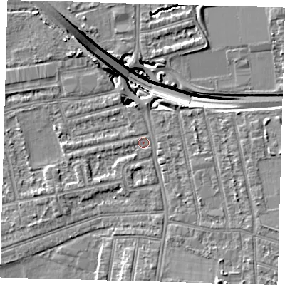 Shaded relief map of the ground around E175AG, computed from Environment Agency LiDAR. The ground here sits at about 14 m above sea level and falls 14 m across the surrounding 800 m. Surface water reaching this point runs off ground lying to the south-south-east, 4.4 m higher.