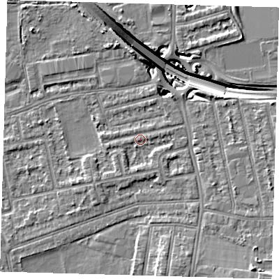 Shaded relief map of the ground around E175AH, computed from Environment Agency LiDAR. The ground here sits at about 14 m above sea level and falls 14 m across the surrounding 800 m. Surface water reaching this point runs off ground lying to the south-west, 1.9 m higher.
