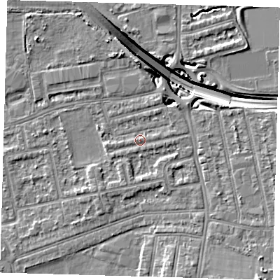 Shaded relief map of the ground around E175AJ, computed from Environment Agency LiDAR. The ground here sits at about 14 m above sea level and falls 14 m across the surrounding 800 m. Surface water reaching this point runs off ground lying to the south-south-west, 1.9 m higher.