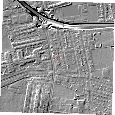 Shaded relief map of the ground around E175AL, computed from Environment Agency LiDAR. The ground here sits at about 15 m above sea level and falls 14 m across the surrounding 800 m. Surface water reaching this point runs off ground lying to the south-south-east, 1.1 m higher.