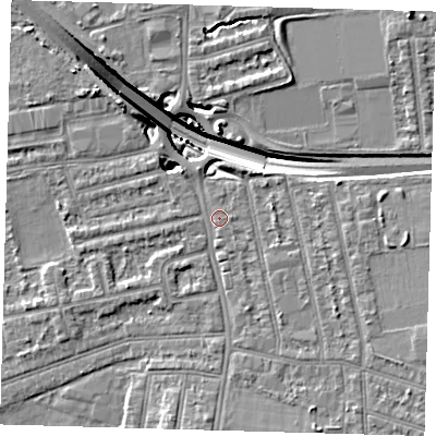 Shaded relief map of the ground around E175AN, computed from Environment Agency LiDAR. The ground here sits at about 14 m above sea level and falls 14 m across the surrounding 800 m. Surface water reaching this point runs off ground lying to the south-south-east, 0.6 m higher.