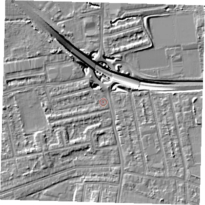 Shaded relief map of the ground around E175AQ, computed from Environment Agency LiDAR. The ground here sits at about 14 m above sea level and falls 14 m across the surrounding 800 m. Surface water reaching this point runs off ground lying to the south-east, 5.8 m higher.