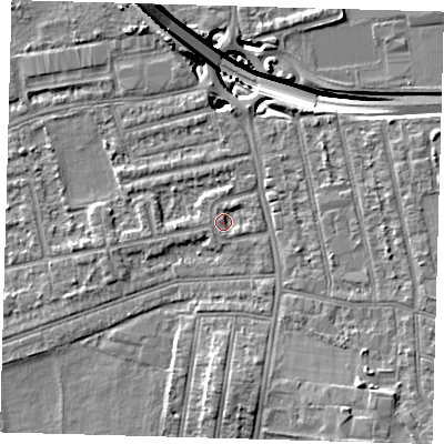 Shaded relief map of the ground around E175BH, computed from Environment Agency LiDAR. The ground here sits at about 15 m above sea level and falls 14 m across the surrounding 800 m. Surface water reaching this point runs off ground lying to the north-east, 1.3 m higher.