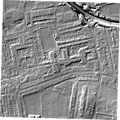 Shaded relief map of the ground around E175BJ, computed from Environment Agency LiDAR. The ground here sits at about 15 m above sea level and falls 14 m across the surrounding 800 m. Surface water reaching this point runs off ground lying to the west, 1.0 m higher.