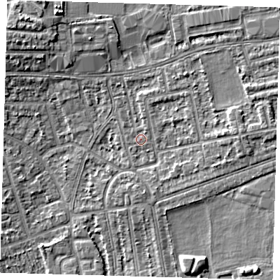 Shaded relief map of the ground around E175BT, computed from Environment Agency LiDAR. The ground here sits at about 13 m above sea level and falls 6 m across the surrounding 800 m. Surface water reaching this point runs off ground lying to the east, 2.9 m higher.