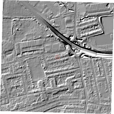 Shaded relief map of the ground around E175DH, computed from Environment Agency LiDAR. The ground here sits at about 14 m above sea level and falls 12 m across the surrounding 800 m. Surface water reaching this point runs off ground lying to the north, 5.6 m higher.