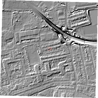 Shaded relief map of the ground around E175DJ, computed from Environment Agency LiDAR. The ground here sits at about 14 m above sea level and falls 13 m across the surrounding 800 m. Surface water reaching this point runs off ground lying to the south-south-west, 2.0 m higher.