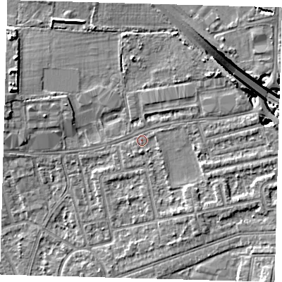 Shaded relief map of the ground around E175DL, computed from Environment Agency LiDAR. The ground here sits at about 13 m above sea level and falls 13 m across the surrounding 800 m. Surface water reaching this point runs off ground lying to the south-east, 2.2 m higher.