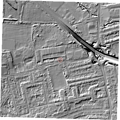 Shaded relief map of the ground around E175DN, computed from Environment Agency LiDAR. The ground here sits at about 14 m above sea level and falls 12 m across the surrounding 800 m. Surface water reaching this point runs off ground lying to the north-east, 6.0 m higher.
