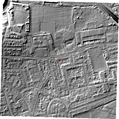Shaded relief map of the ground around E175DP, computed from Environment Agency LiDAR. The ground here sits at about 13 m above sea level and falls 10 m across the surrounding 800 m. Surface water reaching this point runs off ground lying to the north-west, 4.7 m higher.