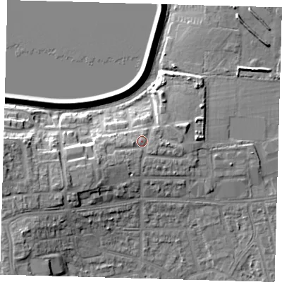 Shaded relief map of the ground around E175EA, computed from Environment Agency LiDAR. The ground here sits at about 17 m above sea level and falls 14 m across the surrounding 800 m. Surface water reaching this point runs off ground lying to the south-west, 4.1 m higher.