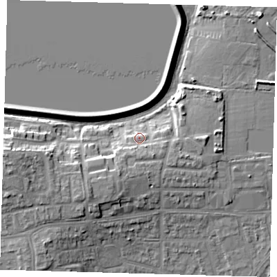 Shaded relief map of the ground around E175EG, computed from Environment Agency LiDAR. The ground here sits at about 15 m above sea level and falls 15 m across the surrounding 800 m. Surface water reaching this point runs off ground lying to the south-south-west, 3.1 m higher.
