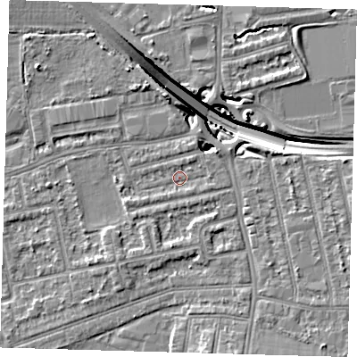 Shaded relief map of the ground around E175FW, computed from Environment Agency LiDAR. The ground here sits at about 14 m above sea level and falls 13 m across the surrounding 800 m. Surface water reaching this point runs off ground lying to the east-south-east, 1.2 m higher.