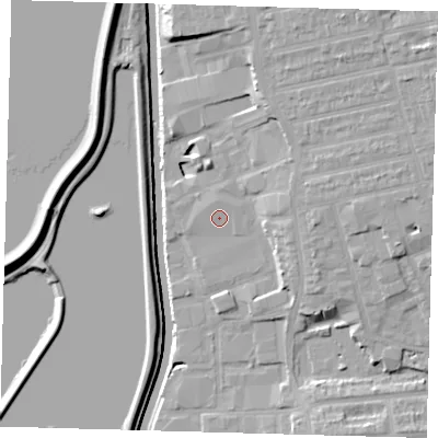 Shaded relief map of the ground around E175QJ, computed from Environment Agency LiDAR. The ground here sits at about 10 m above sea level and falls 15 m across the surrounding 800 m. The ground contributing surface water to this point lies to the north-east.