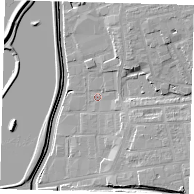 Shaded relief map of the ground around E176AL, computed from Environment Agency LiDAR. The ground here sits at about 9 m above sea level and falls 12 m across the surrounding 800 m. Surface water reaching this point runs off ground lying to the north-east, 9.3 m higher.