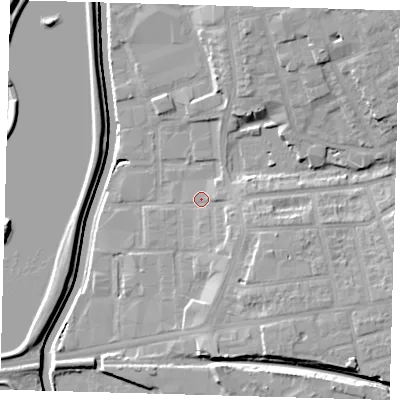 Shaded relief map of the ground around E176DP, computed from Environment Agency LiDAR. The ground here sits at about 9 m above sea level and falls 13 m across the surrounding 800 m. Surface water reaching this point runs off ground lying to the south-east, 5.6 m higher.