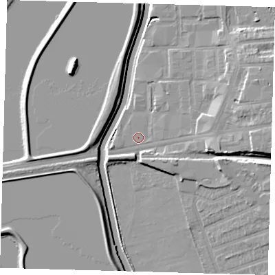 Shaded relief map of the ground around E176DW, computed from Environment Agency LiDAR. The ground here sits at about 8 m above sea level and falls 10 m across the surrounding 800 m. Surface water reaching this point runs off ground lying to the east, 2.4 m higher.