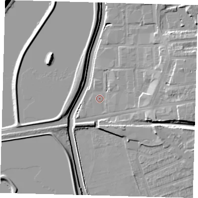 Shaded relief map of the ground around E176FD, computed from Environment Agency LiDAR. The ground here sits at about 8 m above sea level and falls 10 m across the surrounding 800 m. Surface water reaching this point runs off ground lying to the east-south-east, 1.1 m higher.