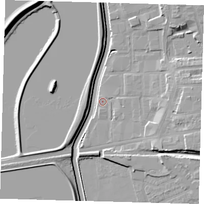 Shaded relief map of the ground around E176FE, computed from Environment Agency LiDAR. The ground here sits at about 8 m above sea level and falls 11 m across the surrounding 800 m. Surface water reaching this point runs off ground lying to the east-south-east, 8.7 m higher.