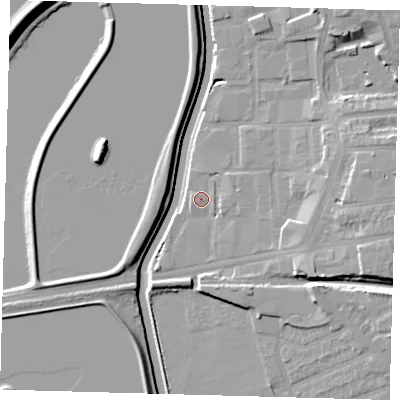 Shaded relief map of the ground around E176FH, computed from Environment Agency LiDAR. The ground here sits at about 8 m above sea level and falls 11 m across the surrounding 800 m. Surface water reaching this point runs off ground lying to the east-south-east, 2.6 m higher.