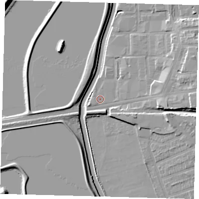 Shaded relief map of the ground around E176FJ, computed from Environment Agency LiDAR. The ground here sits at about 8 m above sea level and falls 10 m across the surrounding 800 m. Surface water reaching this point runs off ground lying to the east, 2.4 m higher.