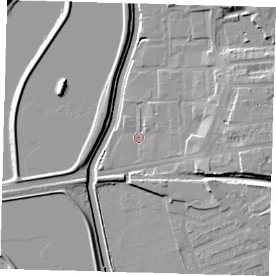 Shaded relief map of the ground around E176HH, computed from Environment Agency LiDAR. The ground here sits at about 8 m above sea level and falls 10 m across the surrounding 800 m. Surface water reaching this point runs off ground lying to the east-south-east, 7.8 m higher.