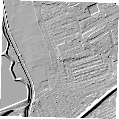 Shaded relief map of the ground around E176LU, computed from Environment Agency LiDAR. The ground here sits at about 8 m above sea level and falls 11 m across the surrounding 800 m. Surface water reaching this point runs off ground lying to the north-east, 7.7 m higher.