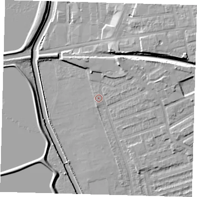 Shaded relief map of the ground around E176NU, computed from Environment Agency LiDAR. The ground here sits at about 9 m above sea level and falls 11 m across the surrounding 800 m. Surface water reaching this point runs off ground lying to the east-north-east, 7.1 m higher.