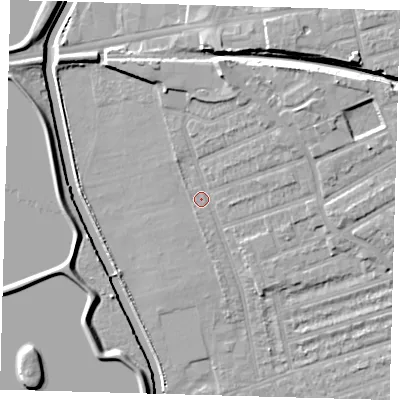 Shaded relief map of the ground around E176PA, computed from Environment Agency LiDAR. The ground here sits at about 8 m above sea level and falls 11 m across the surrounding 800 m. Surface water reaching this point runs off ground lying to the north-east, 7.7 m higher.
