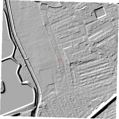 Shaded relief map of the ground around E176PB, computed from Environment Agency LiDAR. The ground here sits at about 8 m above sea level and falls 10 m across the surrounding 800 m. Surface water reaching this point runs off ground lying to the north-north-east, 7.2 m higher.