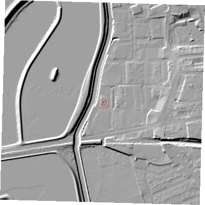 Shaded relief map of the ground around E176ZH, computed from Environment Agency LiDAR. The ground here sits at about 8 m above sea level and falls 11 m across the surrounding 800 m. Surface water reaching this point runs off ground lying to the east-south-east, 2.6 m higher.