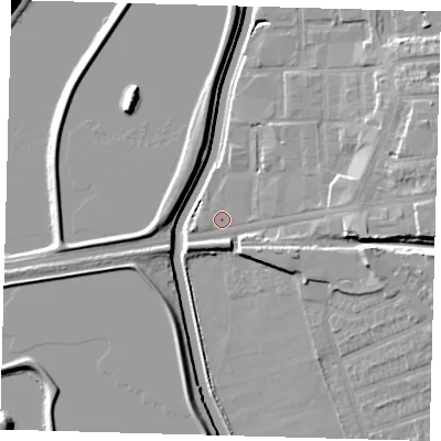 Shaded relief map of the ground around E176ZJ, computed from Environment Agency LiDAR. The ground here sits at about 8 m above sea level and falls 10 m across the surrounding 800 m. Surface water reaching this point runs off ground lying to the east, 2.4 m higher.