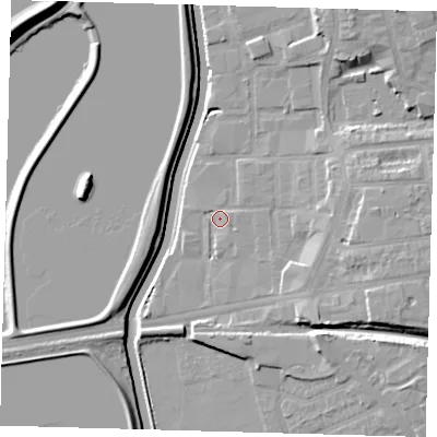 Shaded relief map of the ground around E176ZR, computed from Environment Agency LiDAR. The ground here sits at about 8 m above sea level and falls 11 m across the surrounding 800 m. Surface water reaching this point runs off ground lying to the east-south-east, 7.8 m higher.