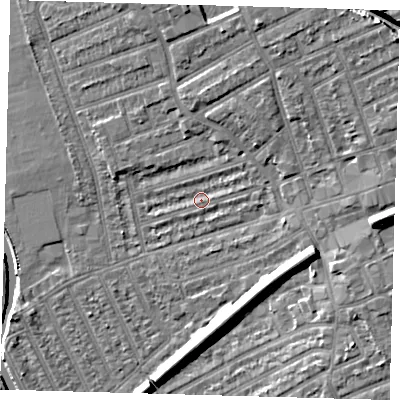 Shaded relief map of the ground around E177AJ, computed from Environment Agency LiDAR. The ground here sits at about 9 m above sea level and falls 12 m across the surrounding 800 m. Surface water reaching this point runs off ground lying to the east-north-east, 2.2 m higher.