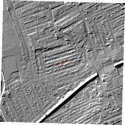 Shaded relief map of the ground around E177AL, computed from Environment Agency LiDAR. The ground here sits at about 9 m above sea level and falls 12 m across the surrounding 800 m. Surface water reaching this point runs off ground lying to the north-east, 8.2 m higher.