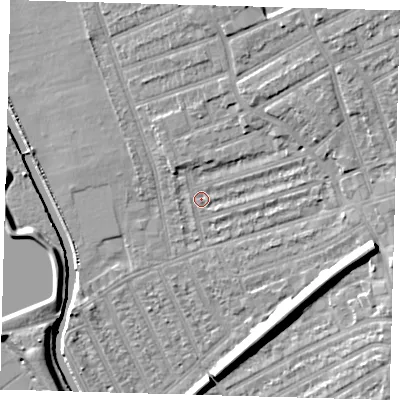 Shaded relief map of the ground around E177AN, computed from Environment Agency LiDAR. The ground here sits at about 8 m above sea level and falls 11 m across the surrounding 800 m. Surface water reaching this point runs off ground lying to the north-east, 6.9 m higher.