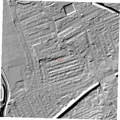 Shaded relief map of the ground around E177AP, computed from Environment Agency LiDAR. The ground here sits at about 9 m above sea level and falls 12 m across the surrounding 800 m. Surface water reaching this point runs off ground lying to the north-east, 5.2 m higher.